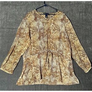 Susan Graver Style Womens 2X Brown Beige Animal V-Neck 3/4 Sleeve Woven Tunic